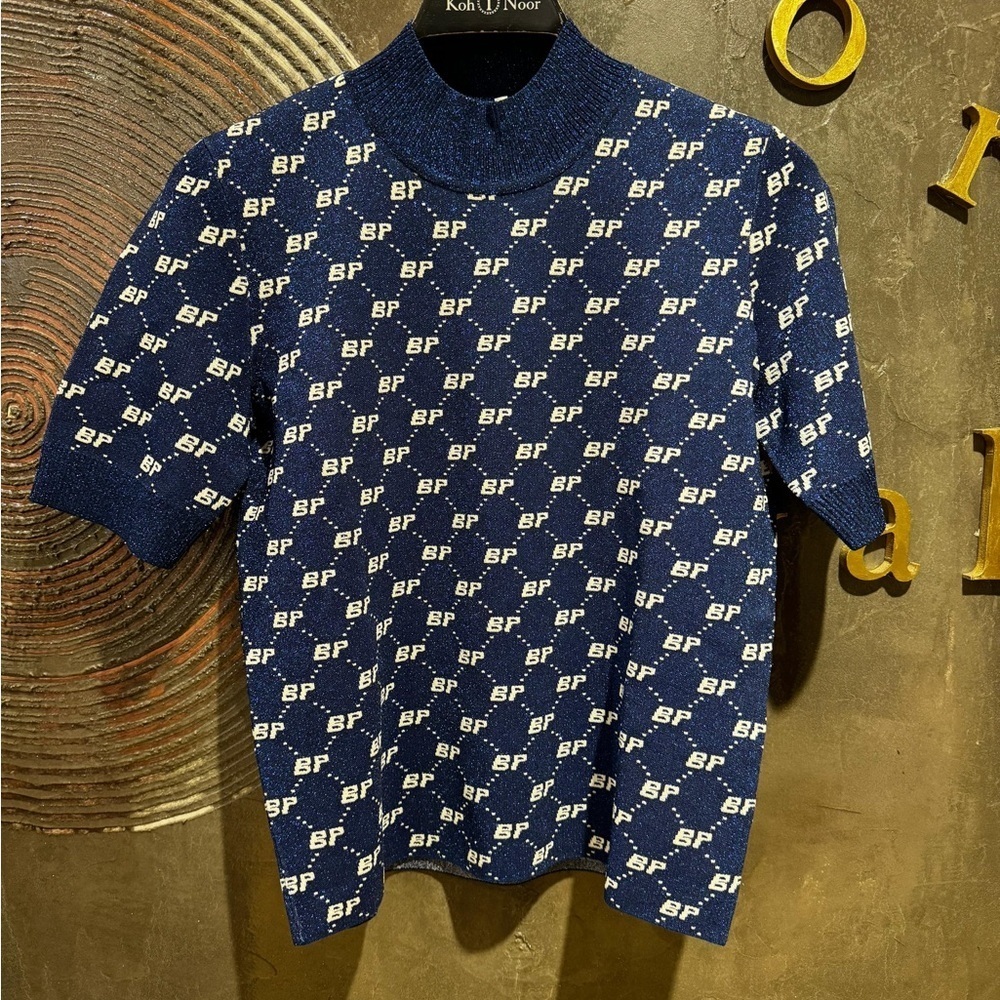 Baum und pferdgarten Navy Logo Patterned Top short sleeve shimmer turtleneck  L - Picture 5 of 6